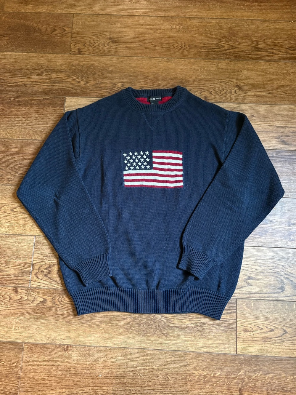 Vintage Cotton Traders American Flag Navy Knit Sweater Size Large RL Like